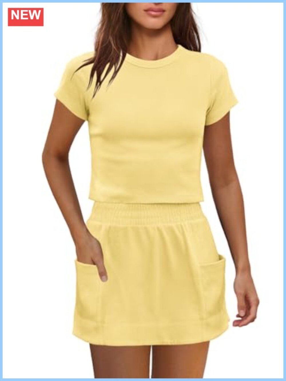 Ribbed Two Piece Skirt Set Crew Neck Tee Mini Skort Summer Vacation Outfit